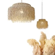 Lustre à franges de chanvre à 2 niveaux fait à la main - Pendentif à pampilles en jute avec cadre en fer – Image 2