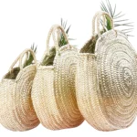 Panier de paille rond marocain fait à la main - Sac de ventre tissé en spirale