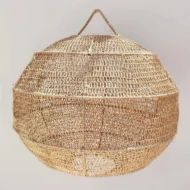 Lampadario rotondo in rete di rafia fatto a mano - Lampadario a lanterna con sfera e struttura in ferro - immagine 3