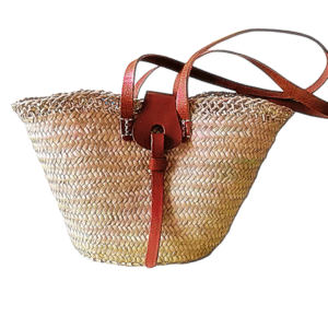 Cestino di paglia marocchino fatto a mano con bordo in rete e manici in pelle - Borsa da mercato foderata - immagine 5