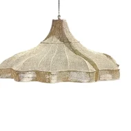 Lampadario a rete larga in rafia fatto a mano - Lampada a sospensione a piattino con struttura in ferro - immagine 2