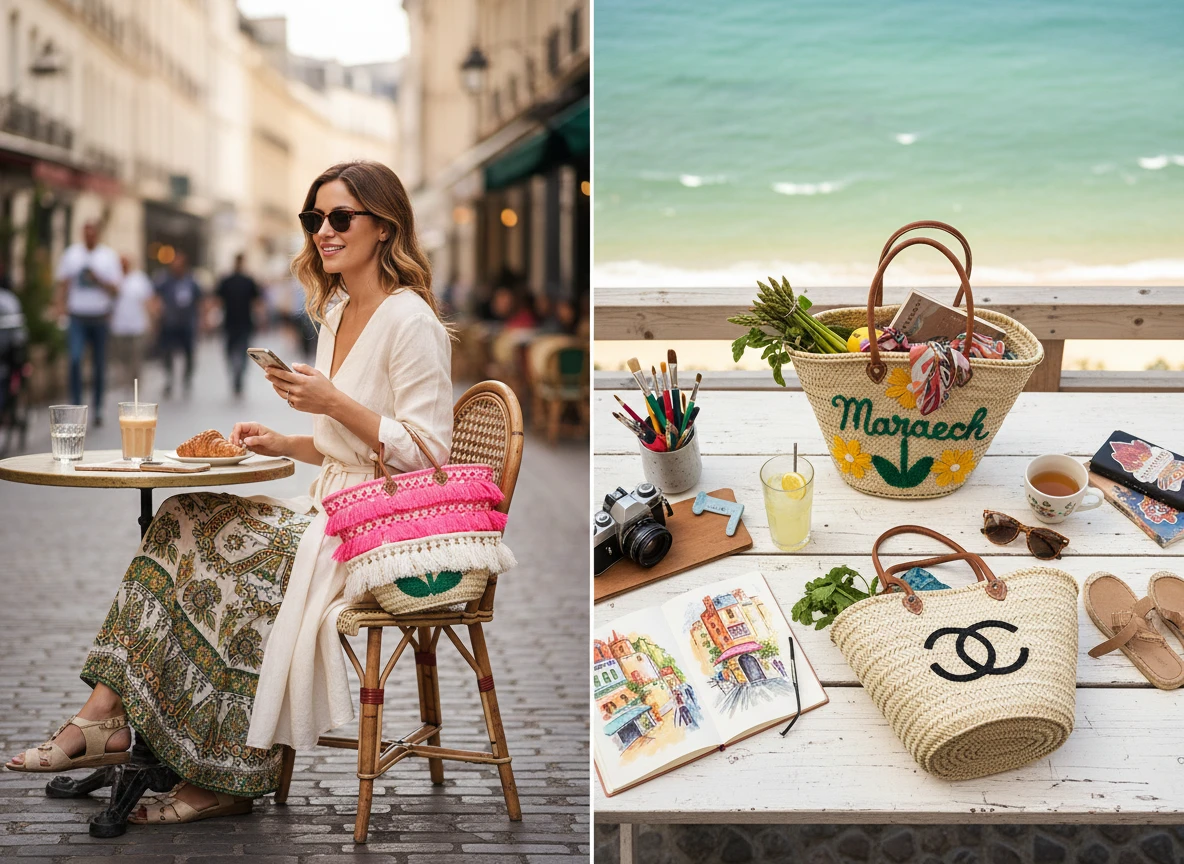 Cesto in Paglia Marocchina Ricamato Fatto a Mano - Logo Personalizzato all'Ingrosso - immagine 6
